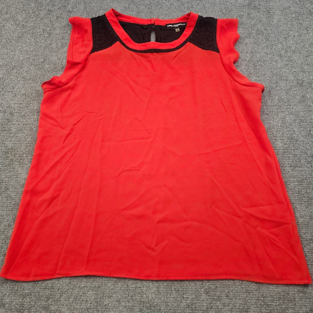 Karl Lagerfeld Paris Blouse Womens L Red Lace Trim Flutter Sleeve Retro Chic Top